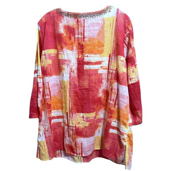 Chico’s Crossroads Lace Up Tunic 3 L-XL  Colorblocked Salsa Beaded Neckline Boho - Picture 6 of 10